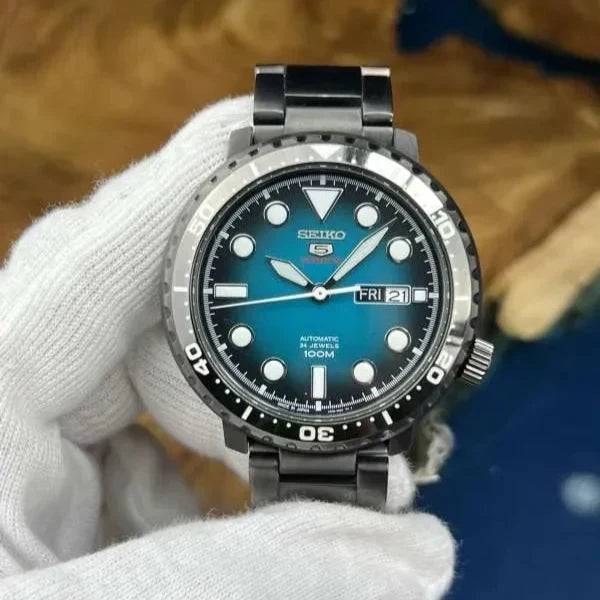 Seiko 5 Sports Automatic Turquoise Dial Grey Steel Strap Watch for Men - SRPC65J1