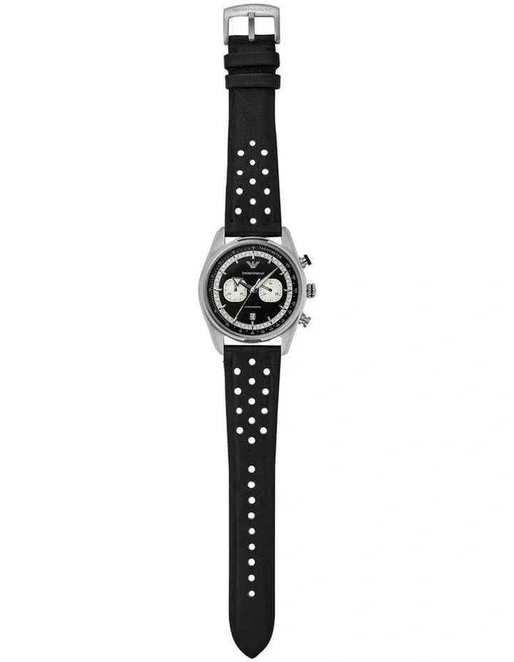 Emporio Armani Racer Chronograph Black Dial Black Leather Strap Watch for Men - AR11635