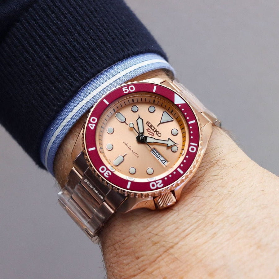 Seiko 5 Sports 55th Anniversary Limited Edition Rose Gold Dial Rose Gold Steel Strap Watch for Men - SRPK08K1