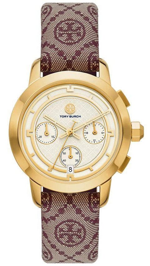 Tory Burch The Tory Chronograph White Dial Maroon Jacquard Strap Watch for Women - TBW1051