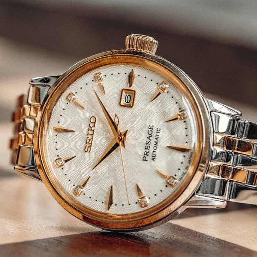 Seiko Presage Cocktail Time Automatic Diamonds White Dial Silver Steel Strap Watch for Women - SRE012J1