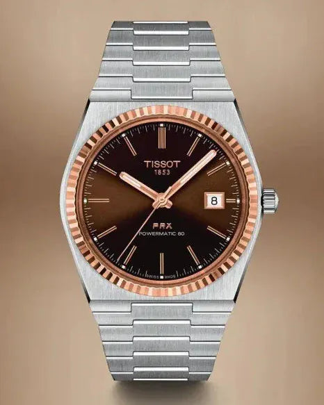 Tissot PRX Powermatic 80 18K Gold Brown Dial Silver Steel Strap Watch for Men - T931.407.41.291.00