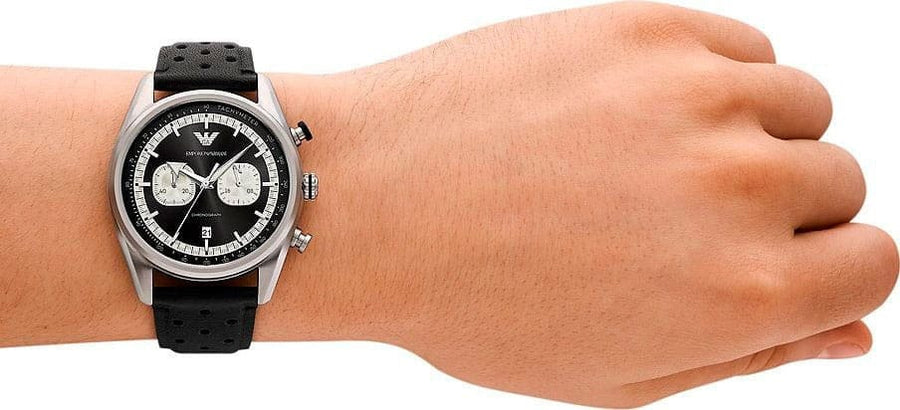 Emporio Armani Racer Chronograph Black Dial Black Leather Strap Watch for Men - AR11635