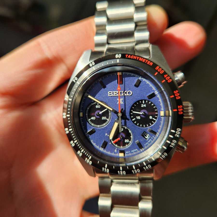 Seiko Prospex Speedtimer Solar Chronograph Blue Dial Silver Steel Strap Watch for Men - SSC815