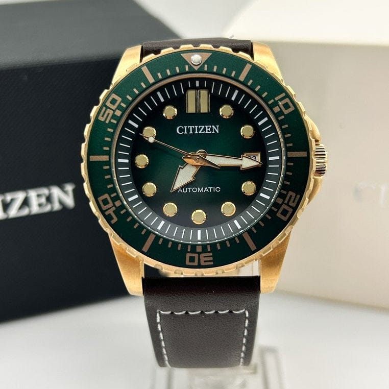Citizen Mechanical Automatic Green Dial Brown Leather Strap Watch for Men - NJ0173-18X