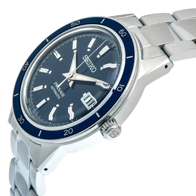 Seiko Presage Style60's Automatic Blue Dial Silver Steel Strap Watch for Men - SRPG05J1