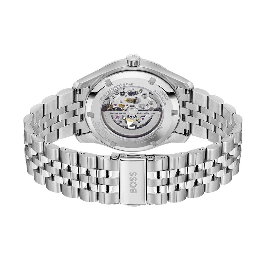 Hugo Boss Principle Skeleton Green Dial Silver Steel Strap Watch for Men - 1514236
