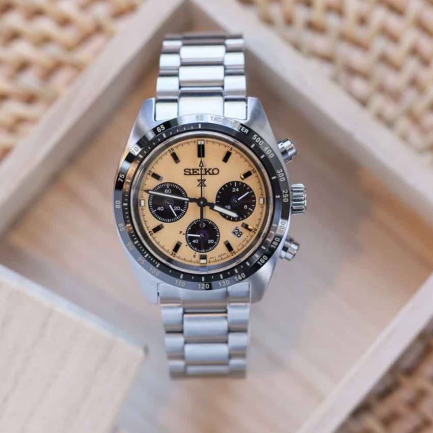 Seiko Prospex Speedtimer Solar Chronograph Gold Dial Silver Steel Strap Watch for Men - SSC817