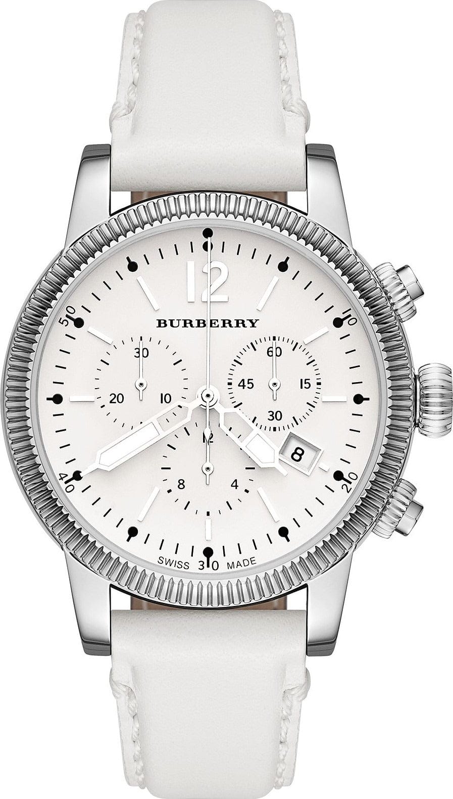 Burberry Utilitarian Chronograph White Dial White Leather Strap Watch for Women - BU7821