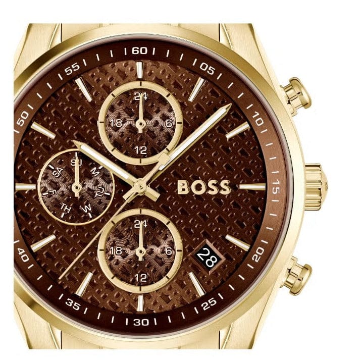 Hugo Boss Grand Tour Chronograph Brown Dial Gold Steel Strap Watch for Women - 1502770