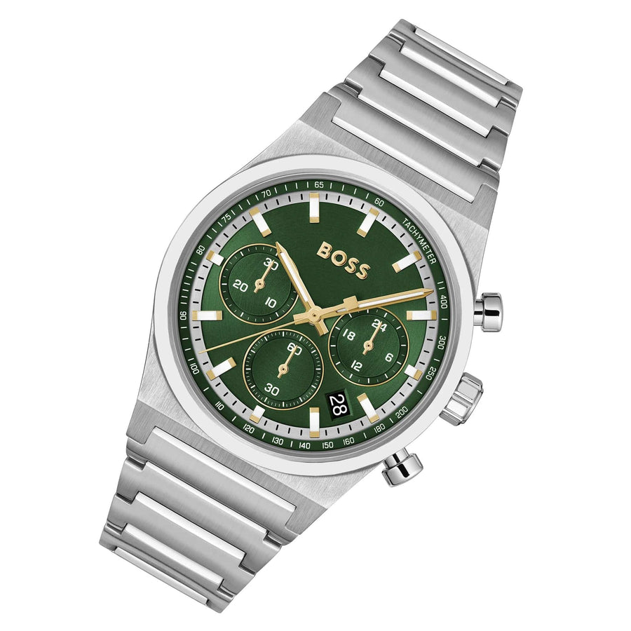 Hugo Boss Candor Chronograph Green Dial Silver Steel Strap Watch for Men - 1514220