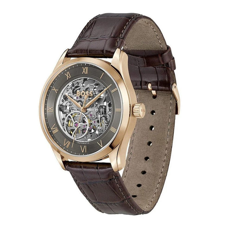 Hugo Boss Principle Skeleton Grey Dial Brown Leather Strap Watch for Men - 1514253