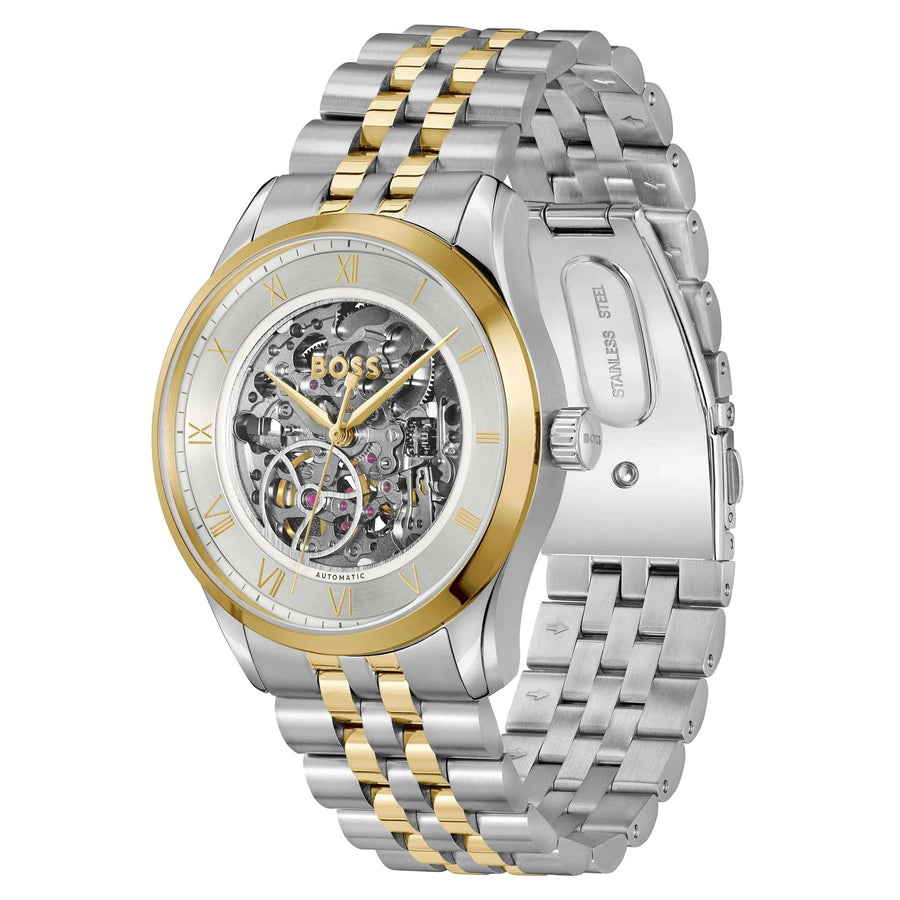 Hugo Boss Principle Skeleton Silver Dial Two Tone Steel Strap Watch for Men - 1514237