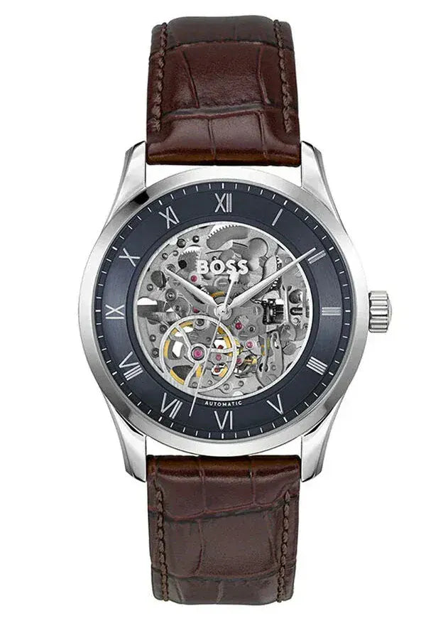 Hugo Boss Principle Skeleton Blue Dial Brown Leather Strap Watch for Men - 1514305