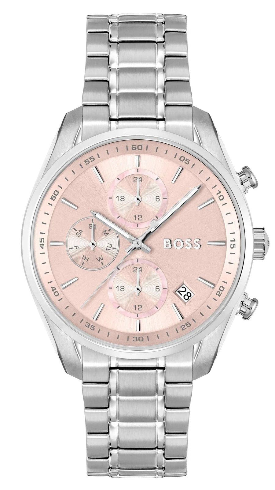Hugo Boss Grand Tour Chronograph Pink Mother of Pearl Dial Silver Steel Strap Watch for Women - 1502765