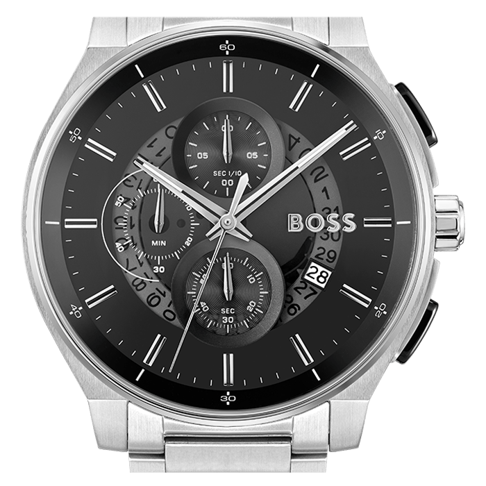 Hugo Boss Peak Chronograph Black Dial Silver Steel Strap Watch for Men - 1514191