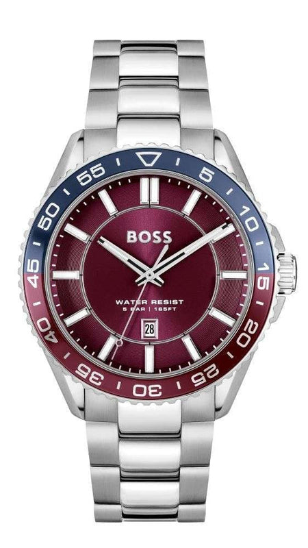 Hugo Boss Runner 3H Burgundy Dial Silver Steel Strap Watch for Men - 1514209