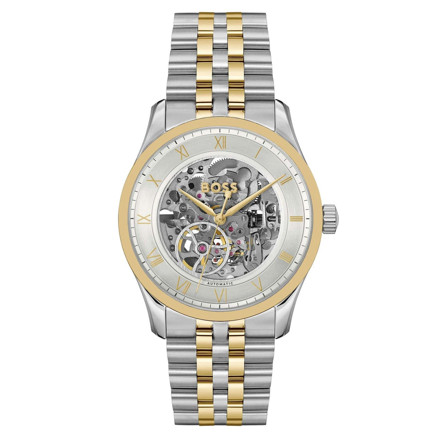 Hugo Boss Principle Skeleton Silver Dial Two Tone Steel Strap Watch for Men - 1514237