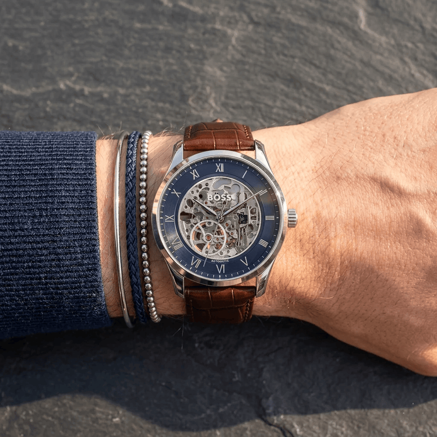 Hugo Boss Principle Skeleton Blue Dial Brown Leather Strap Watch for Men - 1514305