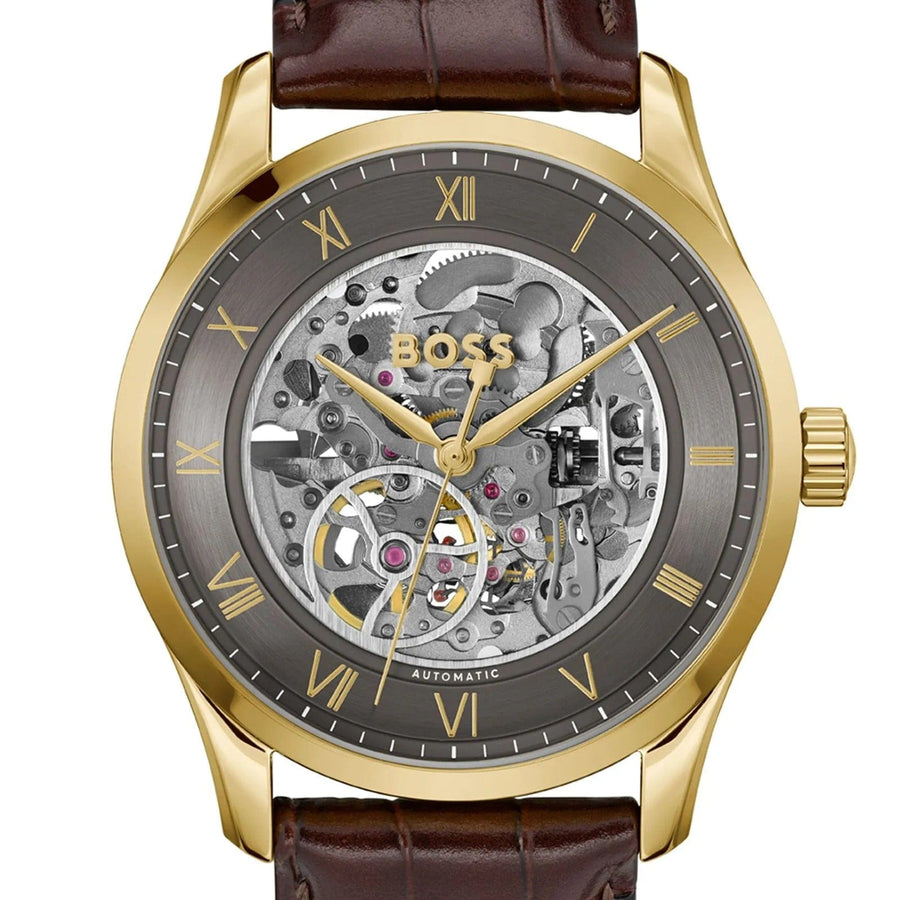 Hugo Boss Principle Skeleton Grey Dial Brown Leather Strap Watch for Men - 1514235