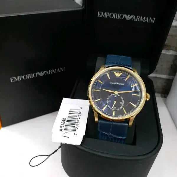 Emporio Armani Alpha Medium Blue Dial Blue Leather Strap Watch for Men - AR1848