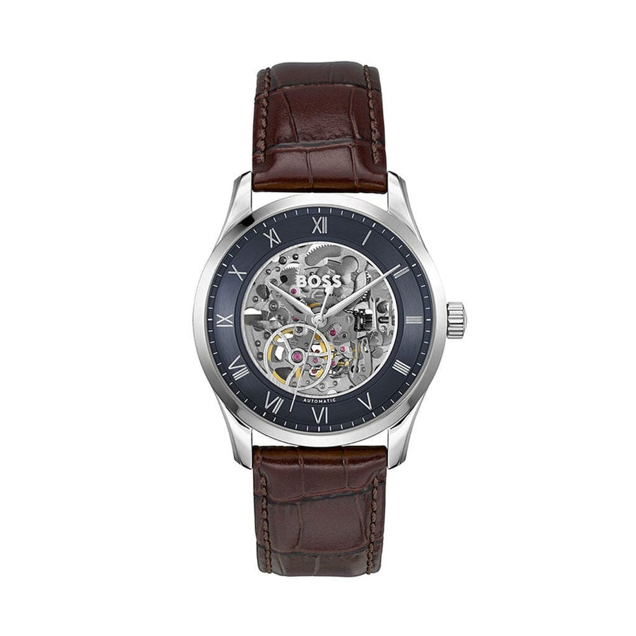 Hugo Boss Principle Skeleton Blue Dial Brown Leather Strap Watch for Men - 1514305