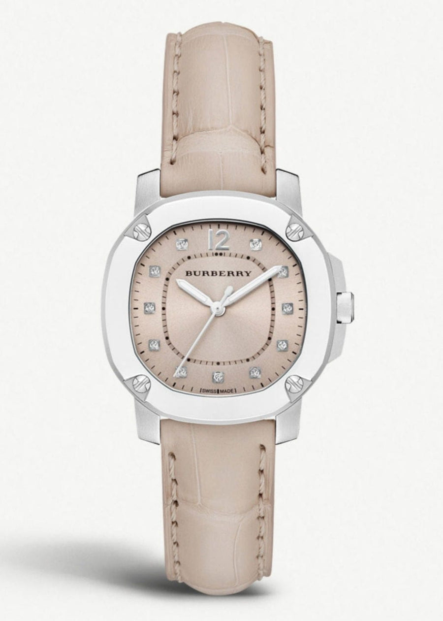 Burberry The Britain Diamonds Pink Dial Pink Leather Strap Watch for Women - BBY1802