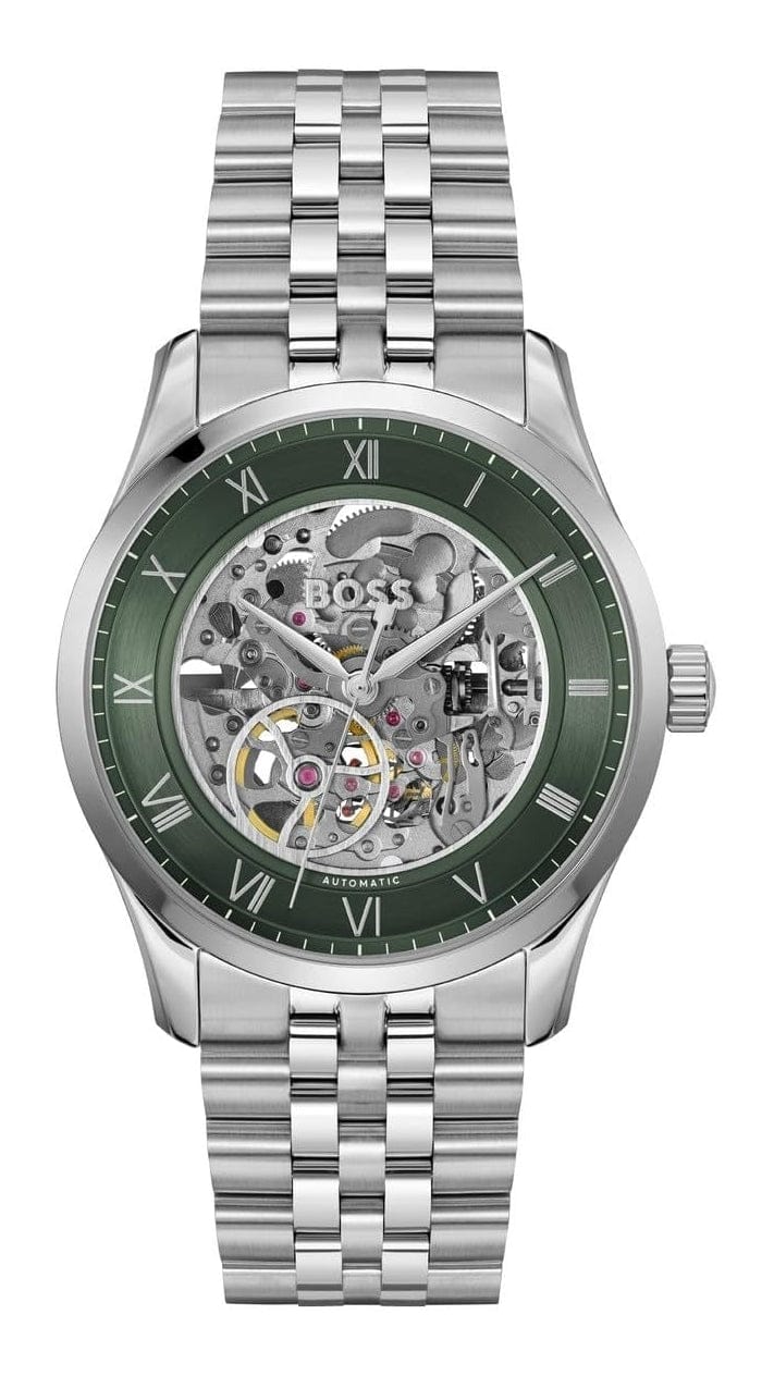 Hugo Boss Principle Skeleton Green Dial Silver Steel Strap Watch for Men - 1514236