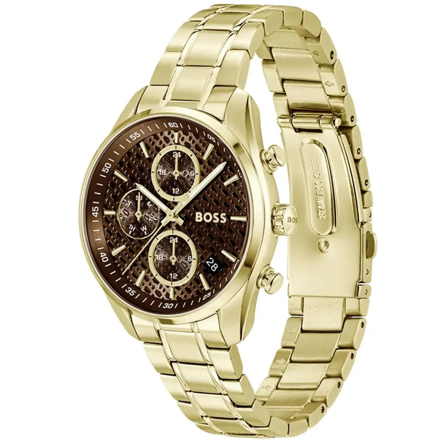 Hugo Boss Grand Tour Chronograph Brown Dial Gold Steel Strap Watch for Women - 1502770