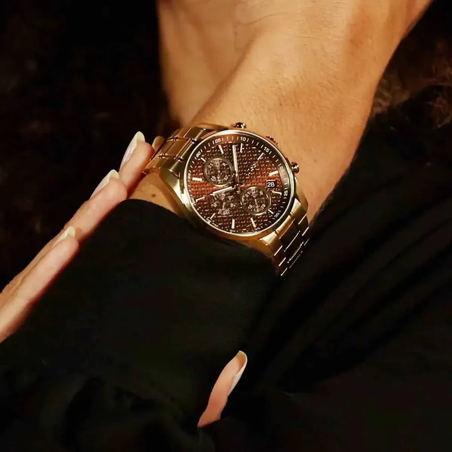 Hugo Boss Grand Tour Chronograph Brown Dial Gold Steel Strap Watch for Women - 1502770