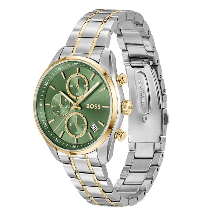 Hugo Boss Grand Tour Chronograph Green Dial Two Tone Steel Strap Watch for Women - 1502766