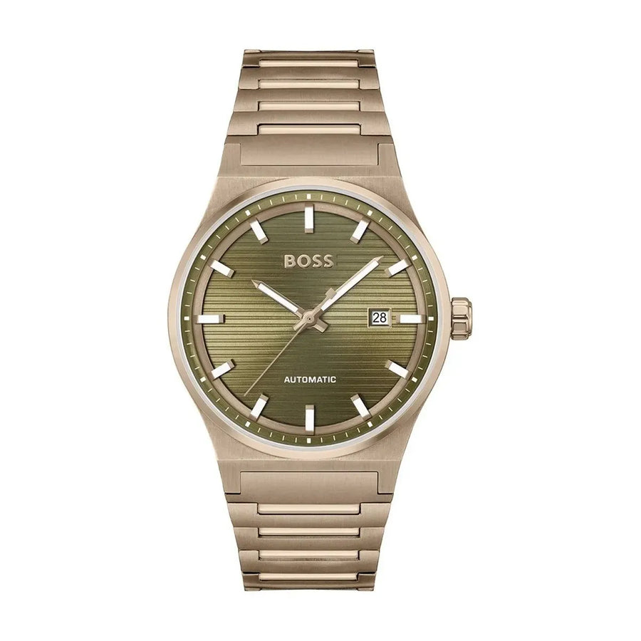 Hugo Boss Candor Automatic Olive Green Dial Brown Steel Strap Watch for Men - 1514184