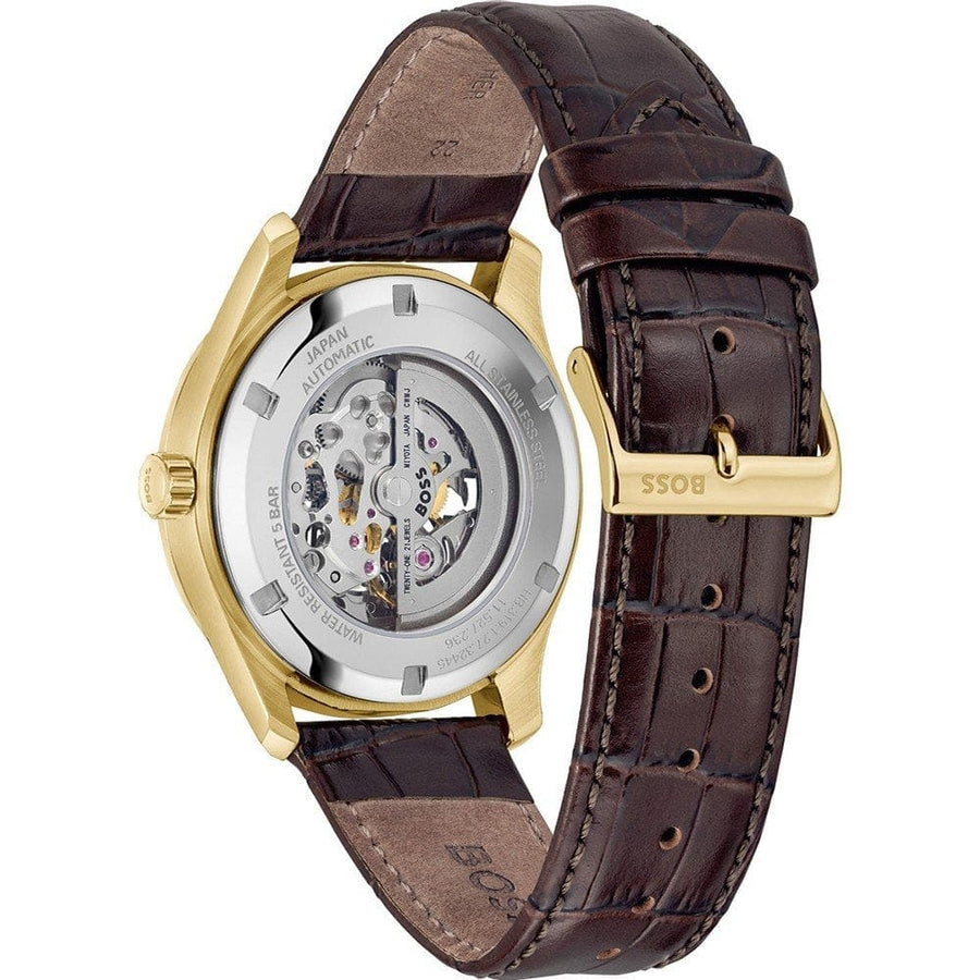 Hugo Boss Principle Skeleton Grey Dial Brown Leather Strap Watch for Men - 1514235