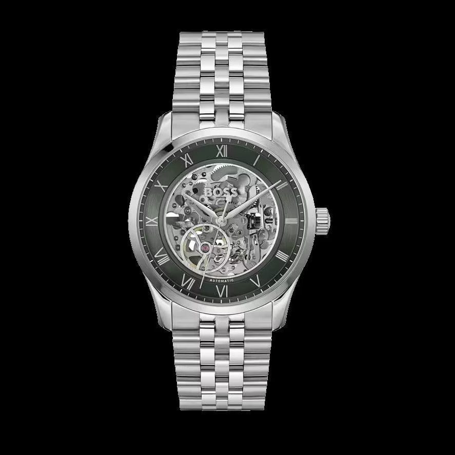 Hugo Boss Principle Skeleton Green Dial Silver Steel Strap Watch for Men - 1514236