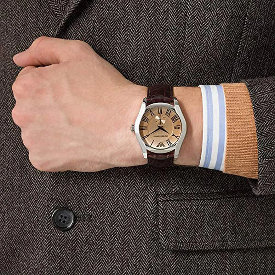 Emporio Armani Classic Beige Dial Brown Leather Strap Watch for Men - AR0645