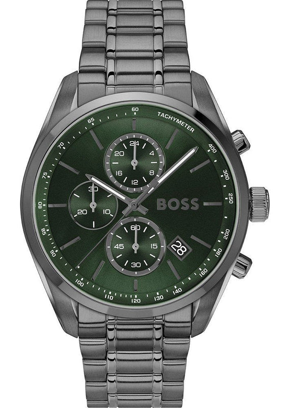 Hugo Boss Grand Prix Chronograph Green Dial Gunmetal Grey Steel Strap Watch for Men - 1514228