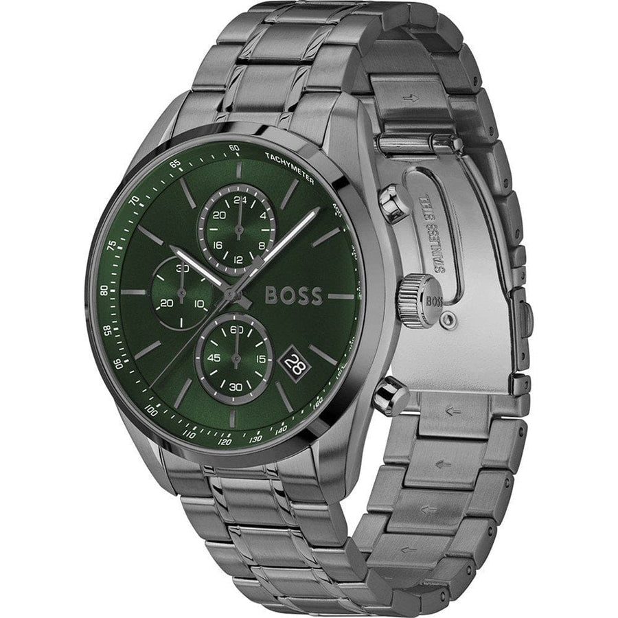 Hugo Boss Grand Prix Chronograph Green Dial Gunmetal Grey Steel Strap Watch for Men - 1514228
