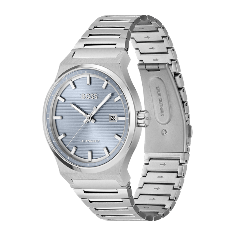 Hugo Boss Candor Automatic Ice Blue Dial Silver Steel Strap Watch for Men - 1514118