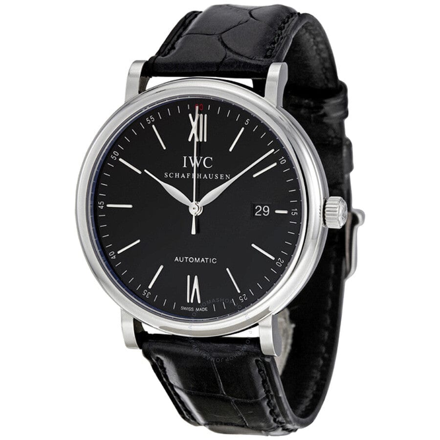 IWC Portofino Automatic Black Dial Black Leather Strap Watch for Men - IW356502
