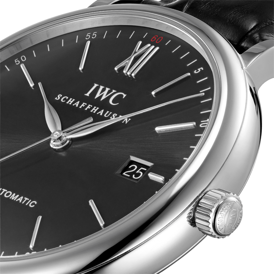IWC Portofino Automatic Black Dial Black Leather Strap Watch for Men - IW356502