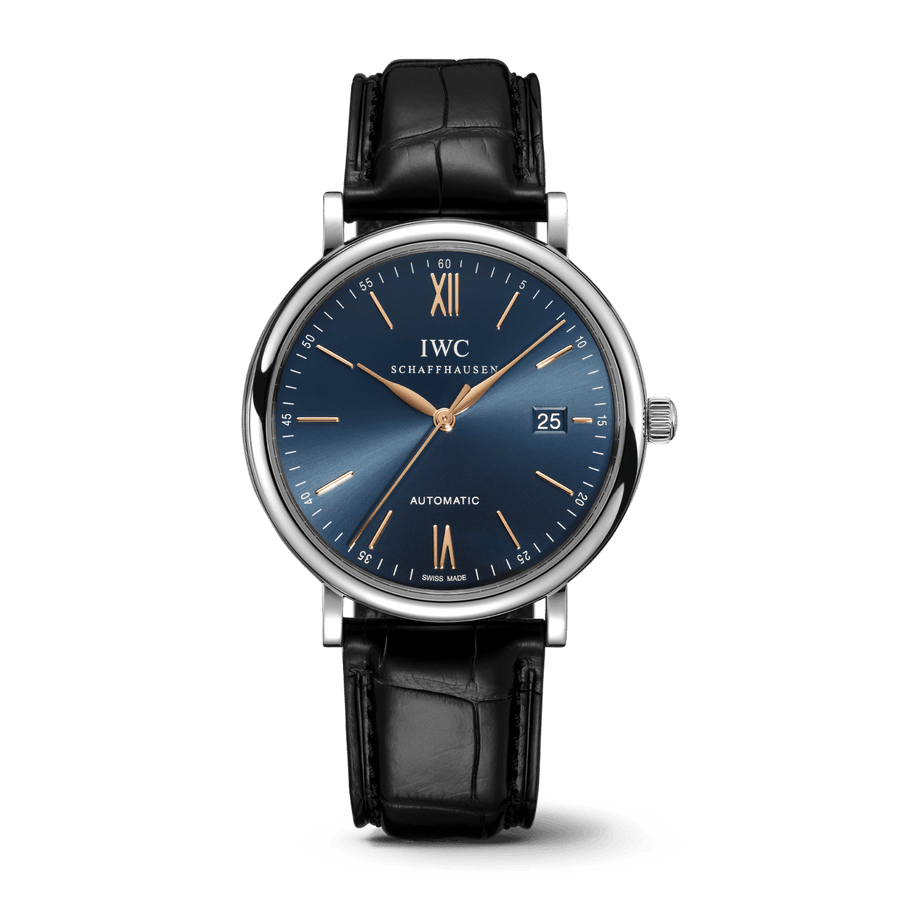 IWC Portofino Automatic Blue Dial Black Leather Strap Watch for Men - IW356523