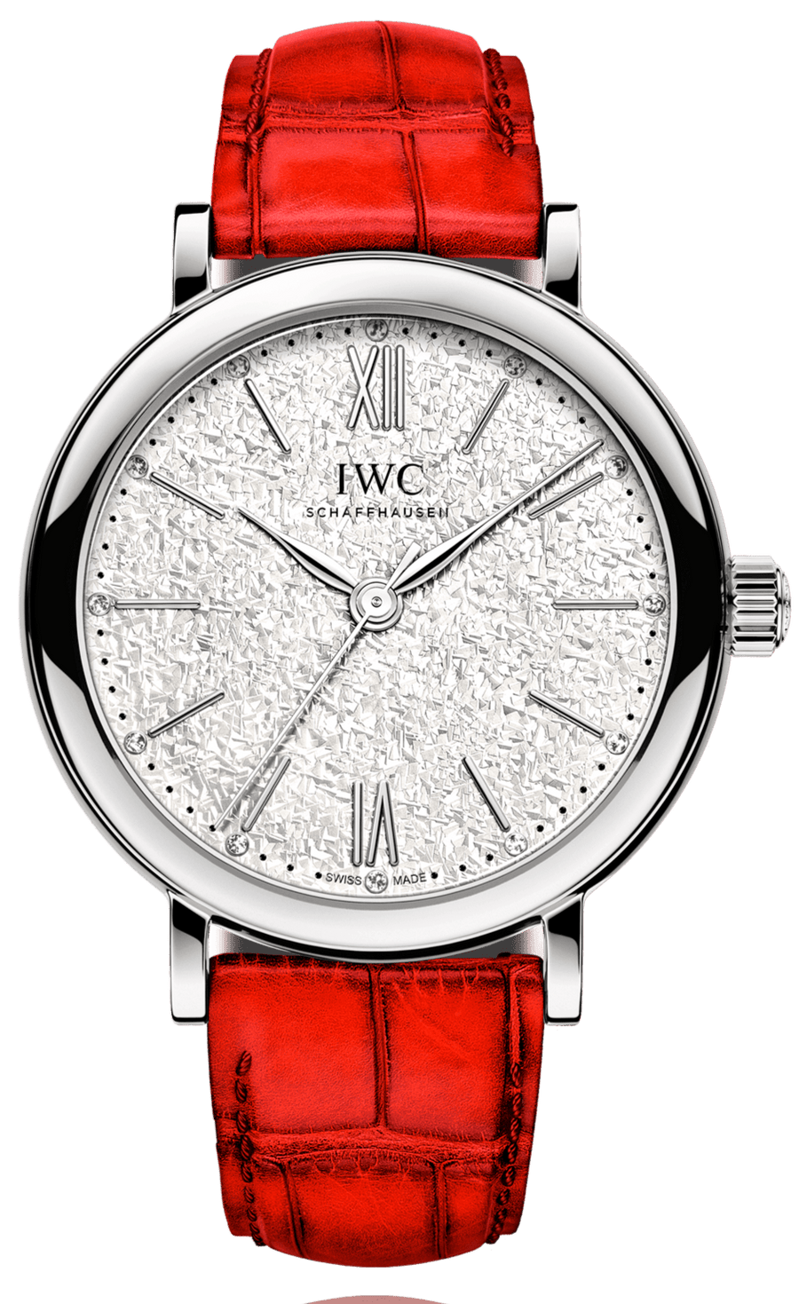 IWC Portofino Automatic Diamonds Silver Dial Red Leather Strap Watch for Women - IW357408