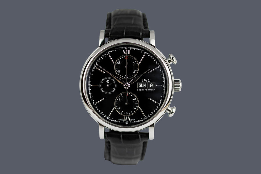 IWC Portofino Chronograph Black Dial Black Leather Strap Watch for Men - IW391029