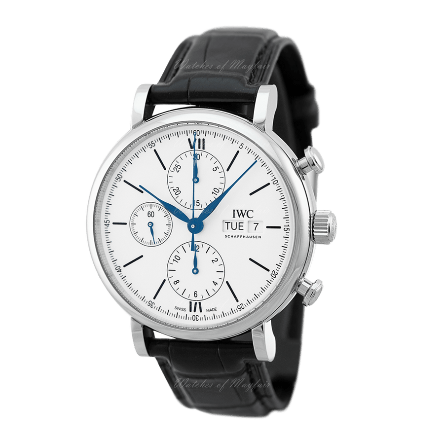 IWC Portofino Chronograph White Dial Black Leather Strap Watch for Men - IW391024
