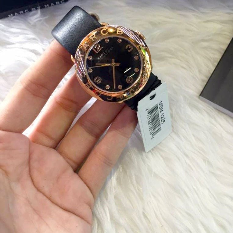 Marc Jacobs Amy Black Dial Black Leather Strap Watch for Women - MBM1225