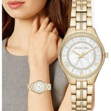 Michael Kors Lauryn Mother of Pearl White Dial Gold Steel Strap Watch for Women - MK3899