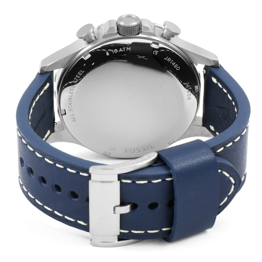 Fossil Nate Chronograph White Dial Blue Leather Strap Watch for Men - JR1480