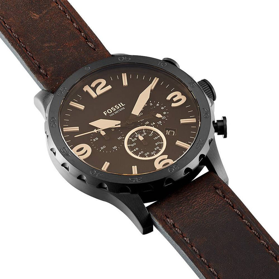 Fossil Nate Chronograph Brown Dial Brown Leather Strap Watch for Men - JR1487