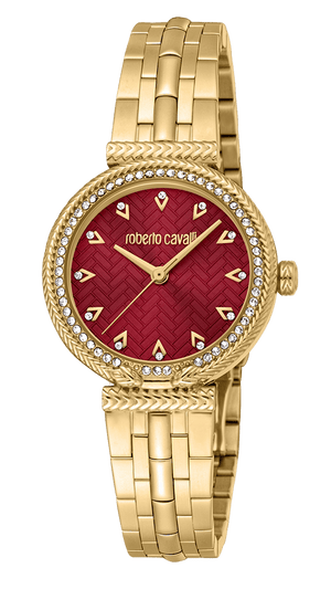 Just Cavalli Chiarezza Snake Core Red Dial Gold Steel Strap Watch for Women - RC5L078M0035