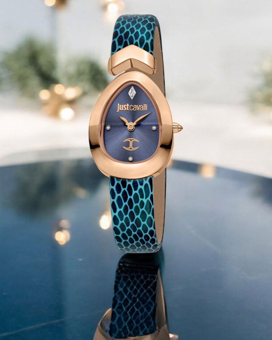 Just Cavalli Diversa Snake Blue Dial Blue Leather Strap Watch for Women - JC1L321L0055